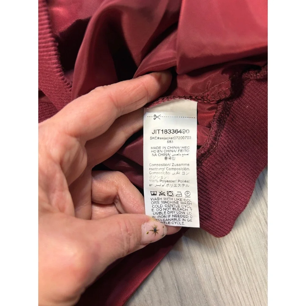 SHEIN Burgundy Red Bomber Jacket Full Zip Side Pocket Ribbed Cuffs Womens Size L